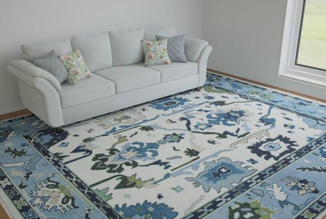 Contemporary Oushak Rug in Ivory, Blue Area Rug, Navy Accent For Living Room Evermore Wool Ar_7949 - image 1