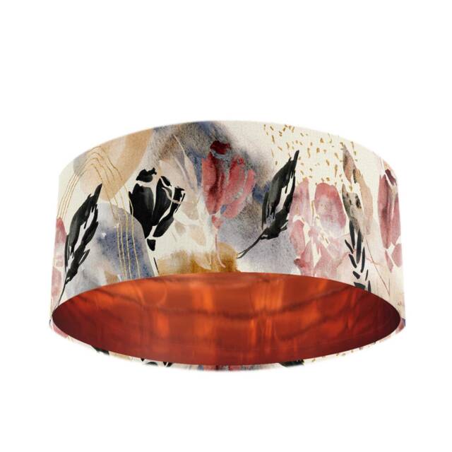 Cream Velvet Large Lampshade With Abstract Watercolour & Mirror Copper Lining, Lamp Shades, For Floor