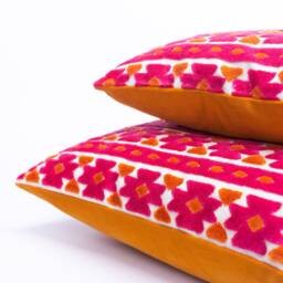 Kasmere Geometric Cut Velvet Extra-Large Cushion. Bright Pink & Burnt Orange Triangular Pattern. 23X23 - thumbnail 2
