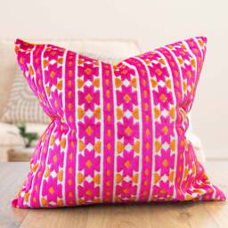 Kasmere Geometric Cut Velvet Extra-Large Cushion. Bright Pink & Burnt Orange Triangular Pattern. 23X23 - thumbnail 1