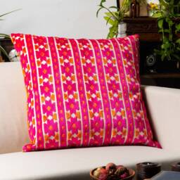 Kasmere Geometric Cut Velvet Extra-Large Cushion. Bright Pink & Burnt Orange Triangular Pattern. 23X23 - thumbnail 3