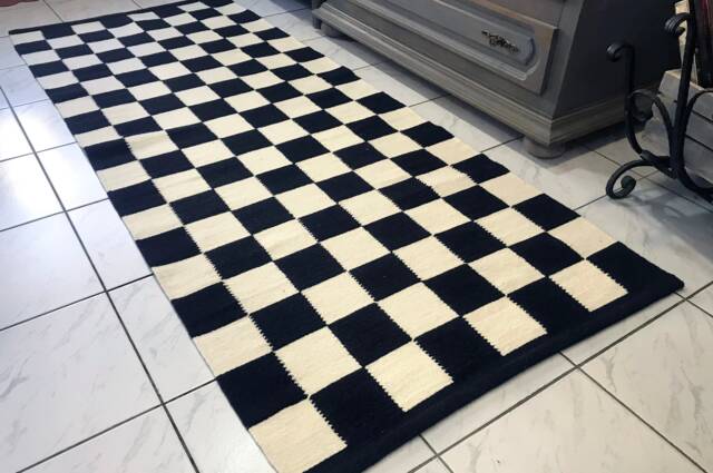 Black & White Wool Rug, Checkered Runner Handwoven Kilim Rug - image 1