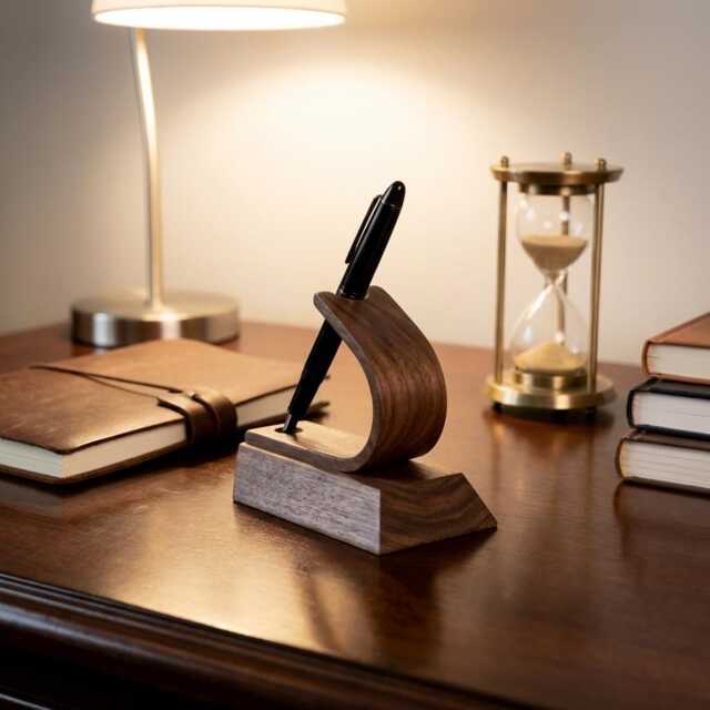 Pen Holder Stand Fountain Display, Solid Black Walnut, Wedding, Luxury Gift, Bent Wood Design - image 1