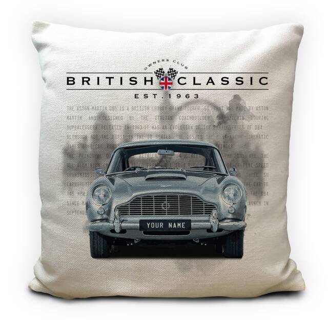 Personalised Db5 British Classic Car Cushion Cover - Vintage Retro Collectors Home Accessory Your Name Number Plate 16 Inch - image 1