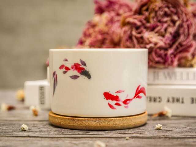 Koi Fish Ceramic Planter With Bamboo Tray - Hand-Decaled Minimalist Pot - image 1