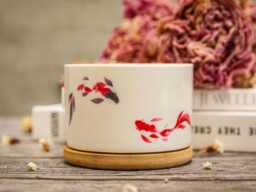 Koi Fish Ceramic Planter With Bamboo Tray - Hand-Decaled Minimalist Pot - thumbnail 1