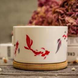 Koi Fish Ceramic Planter With Bamboo Tray - Hand-Decaled Minimalist Pot - thumbnail 3