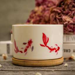 Koi Fish Ceramic Planter With Bamboo Tray - Hand-Decaled Minimalist Pot - thumbnail 2