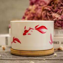 Koi Fish Ceramic Planter With Bamboo Tray - Hand-Decaled Minimalist Pot - thumbnail 4