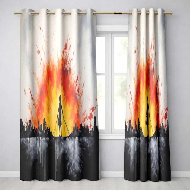 Girl Walking Dogs At Sunset Silhouette Modern Contemporary Artwork For Home Decor Readymade Eyelet Ring Top Thermal 100% Blackout Curtains - image 1
