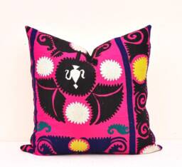 Embroidered Suzani Pillow Cover, Pink Floral Cushion, 18x18 Square - thumbnail 1