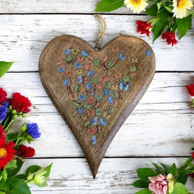Wooden Heart Decorated With Butterflies, Wall Hanging, Art - image 1
