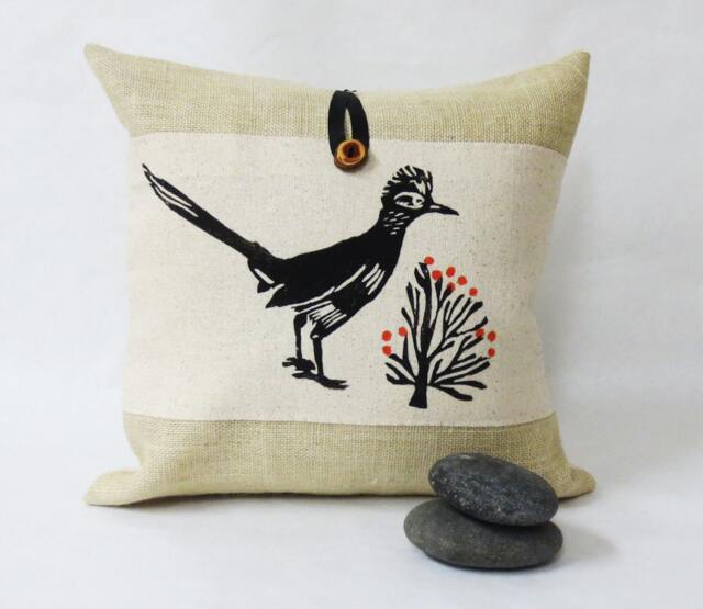 Roadrunner Pillow Hand Block Printed Burlap Desert Bird Pillow - image 1