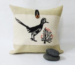 Roadrunner Pillow Hand Block Printed Burlap Desert Bird Pillow - thumbnail 1