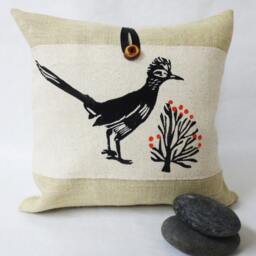 Roadrunner Pillow Hand Block Printed Burlap Desert Bird Pillow - thumbnail 2