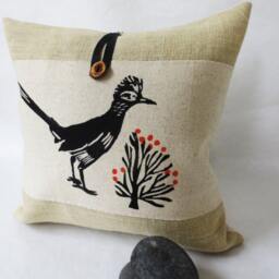 Roadrunner Pillow Hand Block Printed Burlap Desert Bird Pillow - thumbnail 3