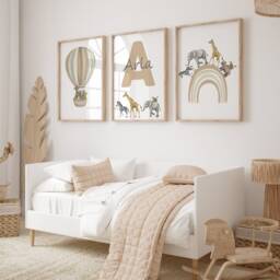 Personalized Safari Nursery Art Set Beige Rainbow Hot Air Balloon Animal Prints - thumbnail 2