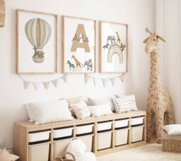 Personalized Safari Nursery Art Set Beige Rainbow Hot Air Balloon Animal Prints