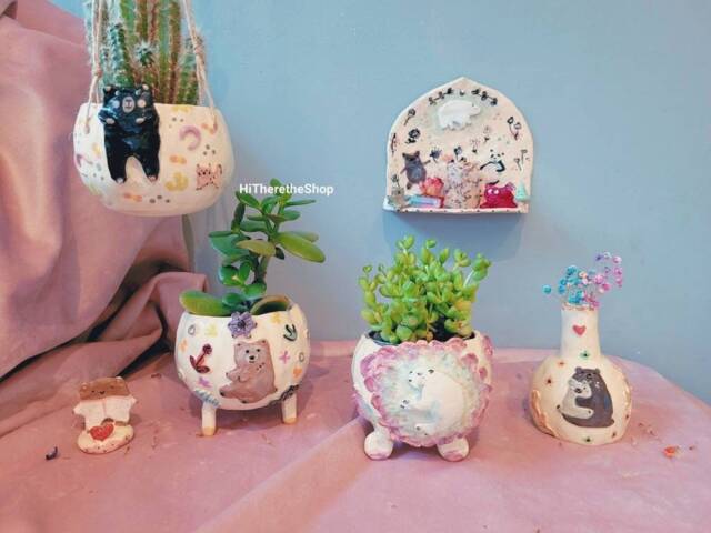 The Enchanted Bears Handmade Ceramic Hanging Planter Succulent Cactus Pot, Home Decor. Polar Bear Brown Grizzly Black Panda - image 1