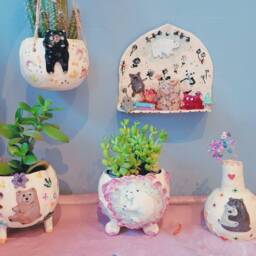The Enchanted Bears Handmade Ceramic Hanging Planter Succulent Cactus Pot, Home Decor. Polar Bear Brown Grizzly Black Panda - thumbnail 3