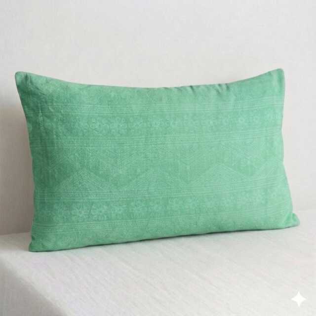 Hmong Batik Pillow Cover, Green Cotton, Tribal Cushion - 12x20 - image 1