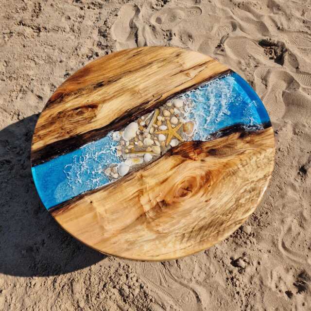"Commissioned Work, Unique Coffee Table Round, Led, Sea Design, Epoxy Resin Table, Work Of Art, River Made Linden Wood ""Sold" - image 1
