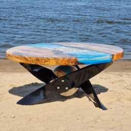 "Commissioned Work, Unique Coffee Table Round, Led, Sea Design, Epoxy Resin Table, Work Of Art, River Made Linden Wood ""Sold" - thumbnail 2