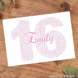 Personalised 16Th Word Art Print, Birthday Gift, Custom Wall Framed Picture, Present For Girls, Boys, Grandson, Grandaughter Nl - thumbnail 3