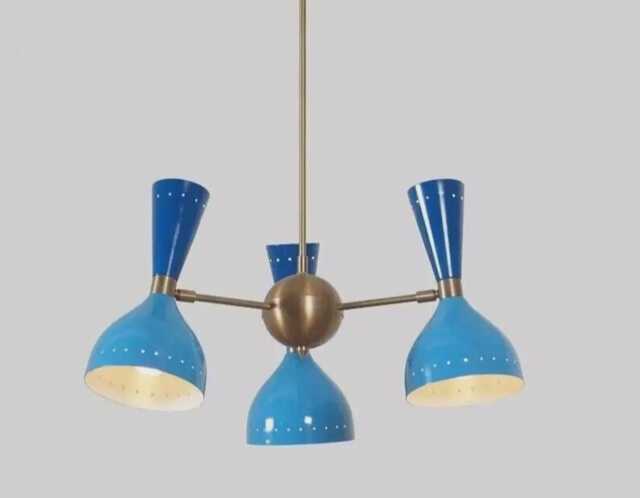 Mid-Century Modern Chandelier Brass 3-Light Atomic Pendant - Blue Shades - image 1