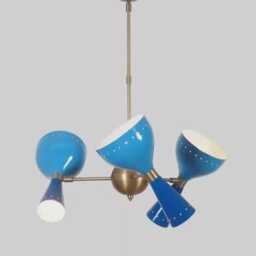 Mid-Century Modern Chandelier Brass 3-Light Atomic Pendant - Blue Shades - thumbnail 2
