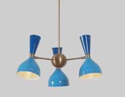 Mid-Century Modern Chandelier Brass 3-Light Atomic Pendant - Blue Shades - thumbnail 1