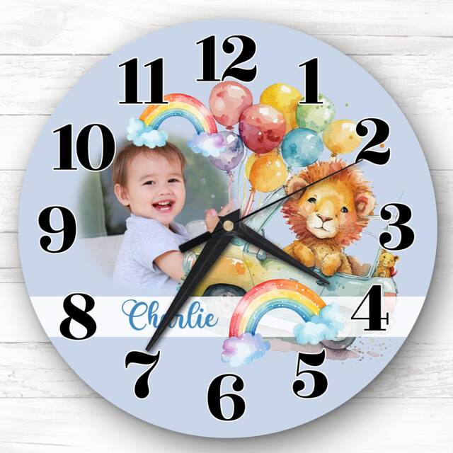 Lion Rainbow Photo Baby Boy Nursery Blue Personalised Gift Clock - image 1