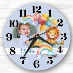 Lion Rainbow Photo Baby Boy Nursery Blue Personalised Gift Clock - thumbnail 1