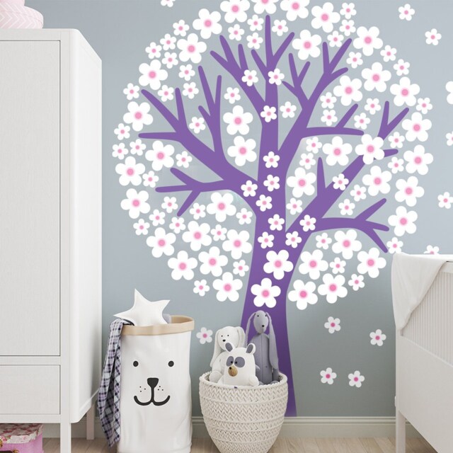 Tree Wall Decal For Nursery Or Girls Room, Blooming Decal, With Flowers Sticker, Vinyl Bedroom Peel & Stick - image 1