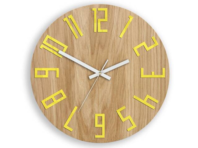 Wood Clock With Yellow Numbers, Oak Clock, Large Wall Silent Slim 13, 19 - image 1