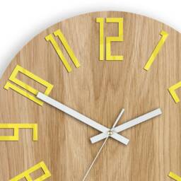Wood Clock With Yellow Numbers, Oak Clock, Large Wall Silent Slim 13, 19 - thumbnail 2