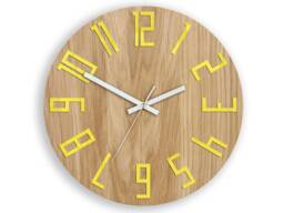 Wood Clock With Yellow Numbers, Oak Clock, Large Wall Silent Slim 13, 19
