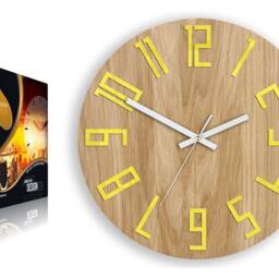 Wood Clock With Yellow Numbers, Oak Clock, Large Wall Silent Slim 13, 19 - thumbnail 4
