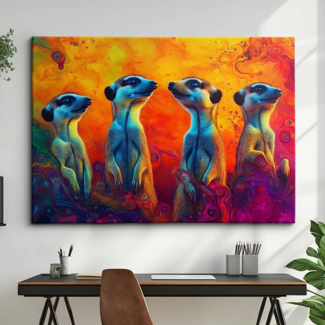 Vibrant Abstract Colorful Meerkats Painting Framed Poster Print, Canvas Wall Decor Art Home Kitchen Room Animal Gifts - image 1