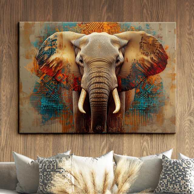 Elephant Animal Abstract Oil Painting Colourful Paint Splatter Style Wall Art Framed Canvas Poster Print, Home/Office Room Decor Gifts - image 1