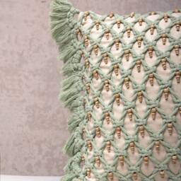 Off-White Green Cotton Macrame Bohemian, Bali Style Pillow Cover, Decorative Handmade Throw Cover, Embroidered Cover Wlcc028 - thumbnail 2