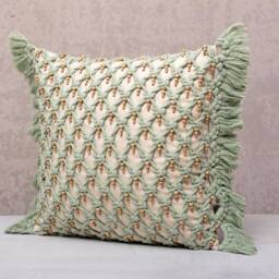 Off-White Green Cotton Macrame Bohemian, Bali Style Pillow Cover, Decorative Handmade Throw Cover, Embroidered Cover Wlcc028 - thumbnail 3