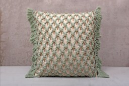 Off White Macrame Pillow Cover, Light Green Boho Cotton Cushion, Wooden Beads Frill