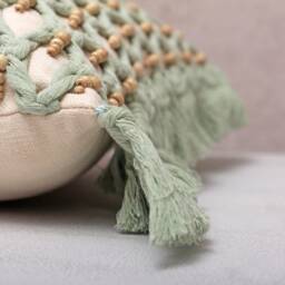 Off White Macrame Pillow Cover, Light Green Boho Cotton Cushion, Wooden Beads Frill - thumbnail 4