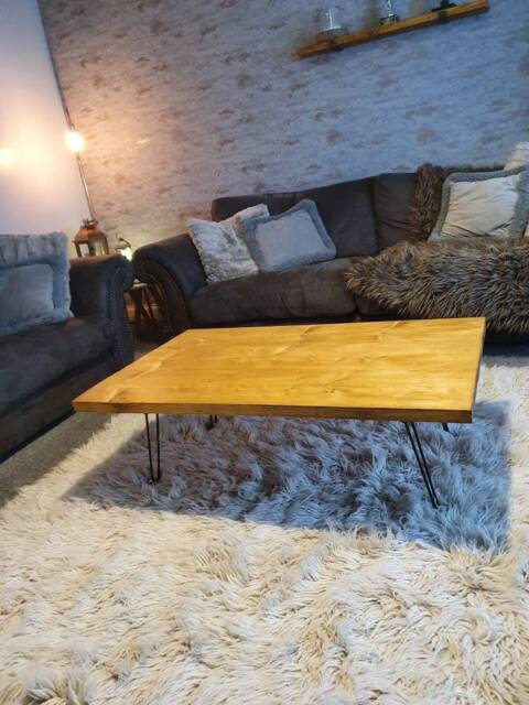 Rustic Coffee Table Handmade Solid Wood Scaffold Board Folding Hairpin Legs - image 1
