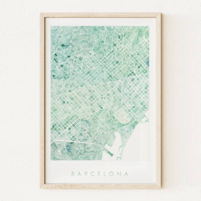 Barcelona Map Watercolor Print Spain City Block Plan - Art Print Anniversary Wedding Gift Mediterranean Wall Decor Spanish Travel Art - image 1