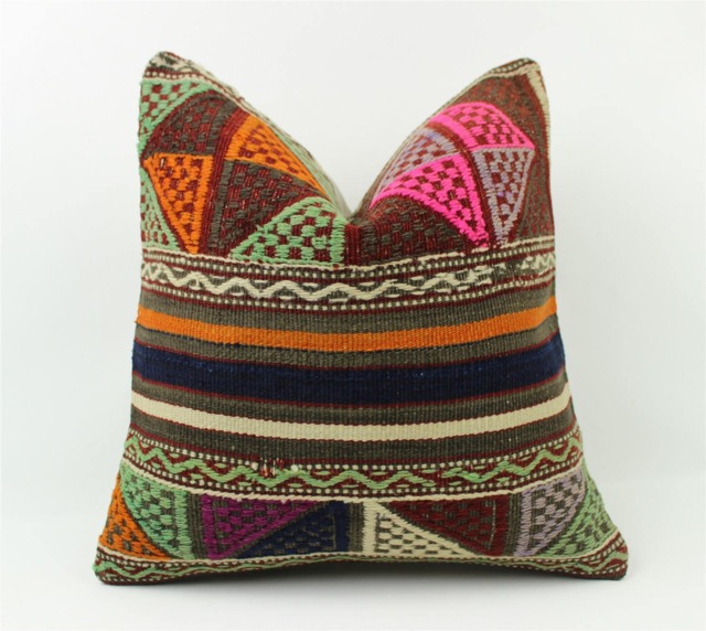 Vintage Kilim Pillow Cover Hand-Spun Wool, Turkish Cotton - 16x16 Inch - image 1