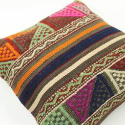 Vintage Kilim Pillow Cover Hand-Spun Wool, Turkish Cotton - 16x16 Inch - thumbnail 2