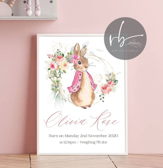 Pink Rabbit Personalised New Baby Print, Christening, Baptism, Keepsake, Print Framed, Girl - image 1