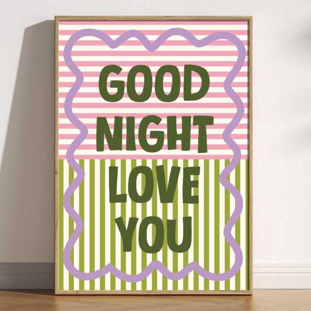 Good Night Love You Print, Retro Striped Bedroom Art, Bold Typography Poster, Colourful Mid Century Modern Home Decor, Whimsical Cute Gift - image 1